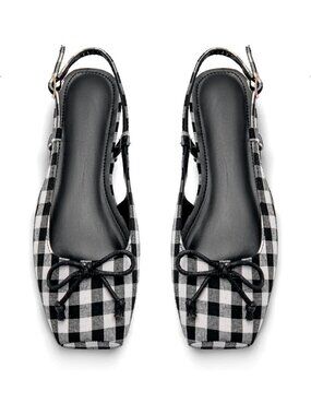 Women Black Tartan Slingback Square Toe Bow Knit Ankle Buckle Satin Ballet Flats